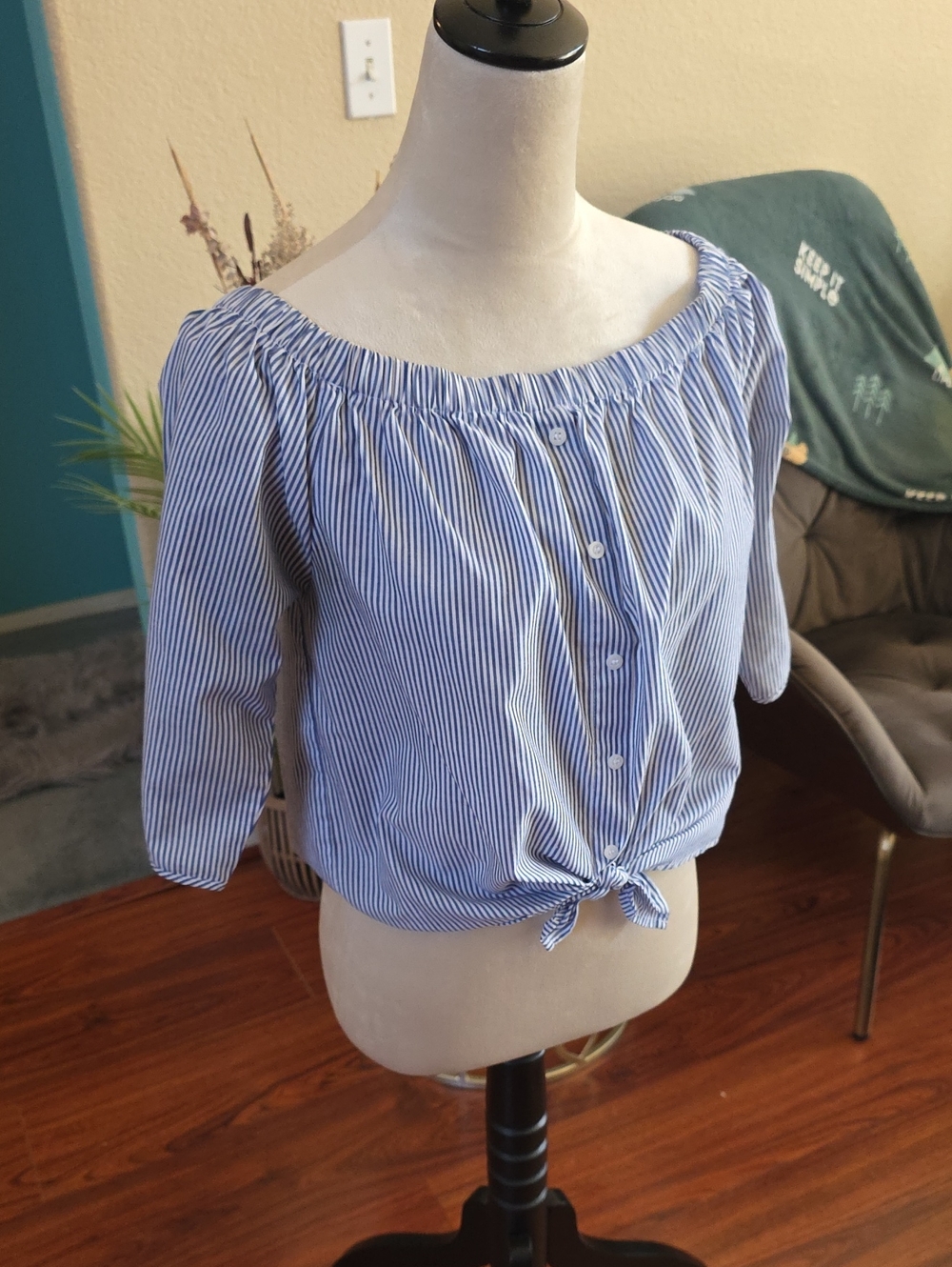 iris Blue and White Striped Off-Shoulder Tie-Front Blouse